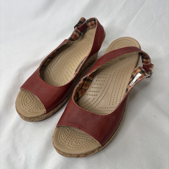 CROCS Shoes - CROCS A-Leigh Leather Cork Wedge Slingback Sandals Size 8 Orange/Red Boho Shoes